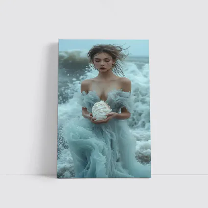 Woman in Blue Dress Holding Sea Shell