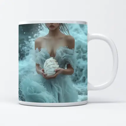 Woman in Blue Dress Holding Sea Shell