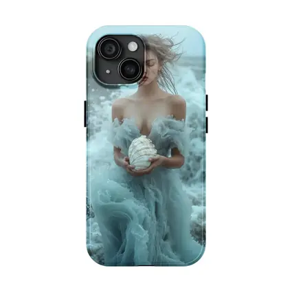 Woman in Blue Dress Holding Sea Shell