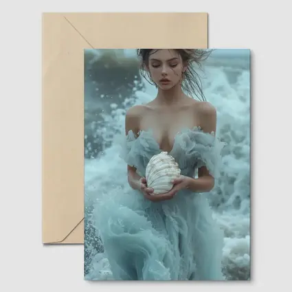 Woman in Blue Dress Holding Sea Shell