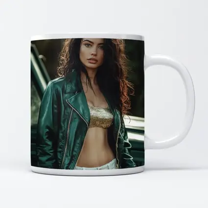 Woman Green Leather Jacket Forest Background