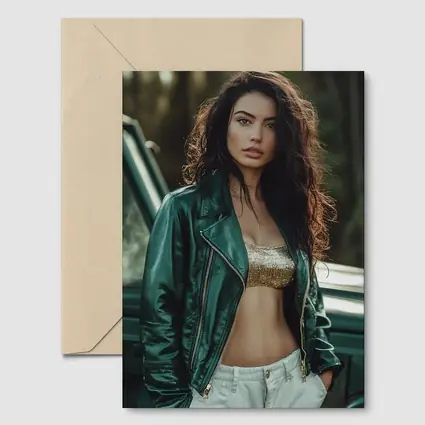 Woman Green Leather Jacket Forest Background