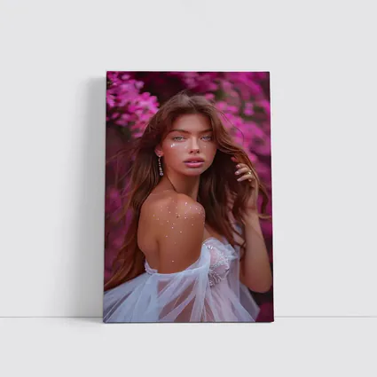 Young Woman White Dress Pink Floral Background