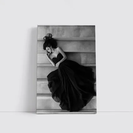 Woman Black Gown Lying on Stone Steps