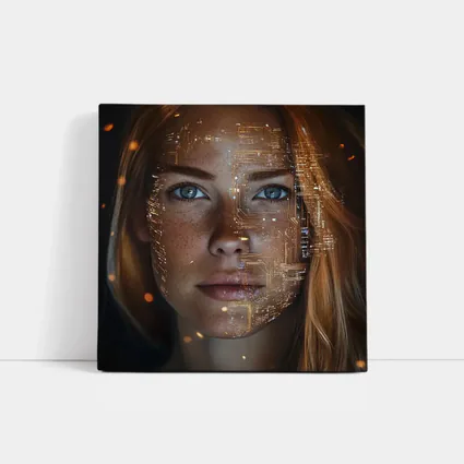Freckled Woman Face With Golden Circuit Overlay