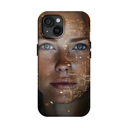 Freckled Woman Face With Golden Circuit Overlay