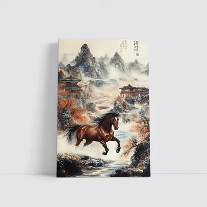Brown Horse Galloping Chinese Mountain Landscape