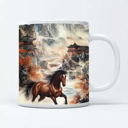 Brown Horse Galloping Chinese Mountain Landscape