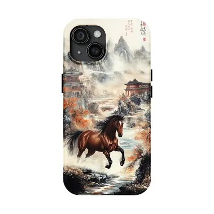 Brown Horse Galloping Chinese Mountain Landscape