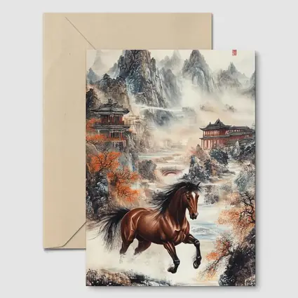 Brown Horse Galloping Chinese Mountain Landscape