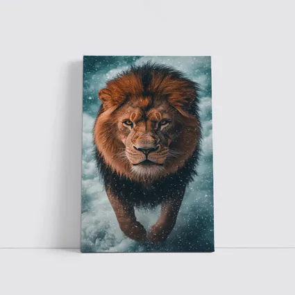 Lion Walking Through Snow and Clouds