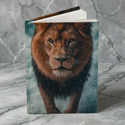 Lion Walking Through Snow and Clouds