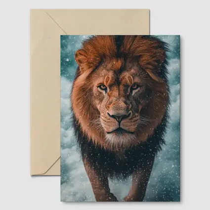 Lion Walking Through Snow and Clouds