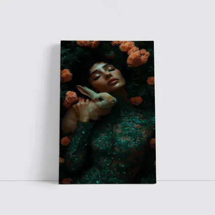Woman With Rabbit Among Orange Flowers