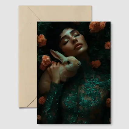 Woman With Rabbit Among Orange Flowers