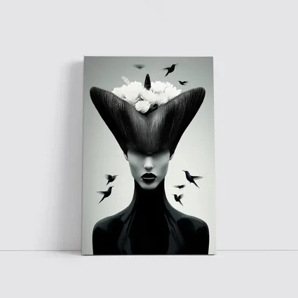Woman Black Hat White Flowers Hummingbirds