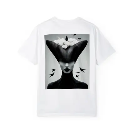 Woman Black Hat White Flowers Hummingbirds