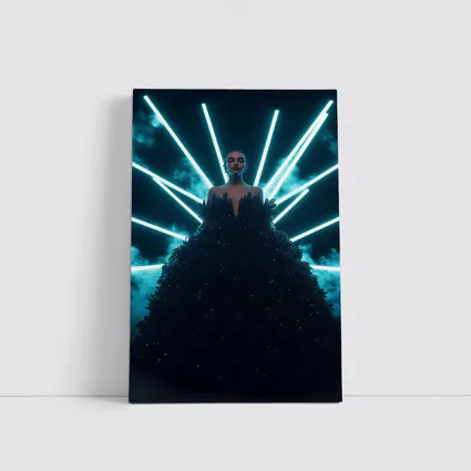 Woman Black Gown Neon Cyan Light Rays