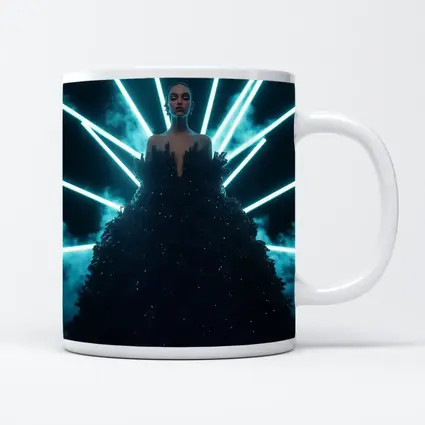 Woman Black Gown Neon Cyan Light Rays
