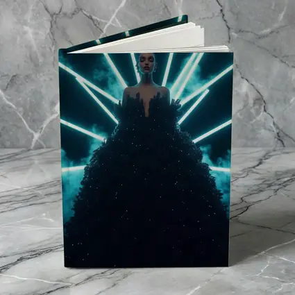 Woman Black Gown Neon Cyan Light Rays