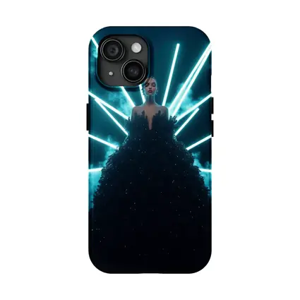 Woman Black Gown Neon Cyan Light Rays