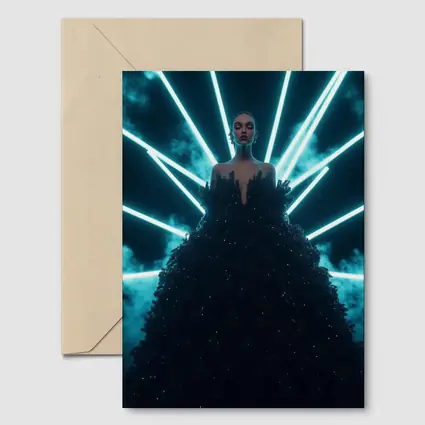 Woman Black Gown Neon Cyan Light Rays