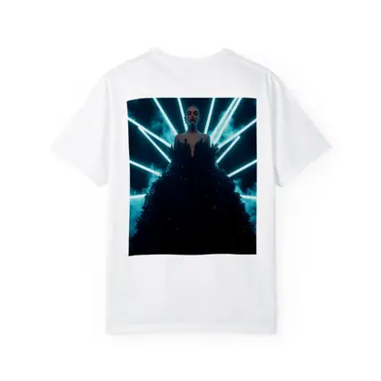 Woman Black Gown Neon Cyan Light Rays