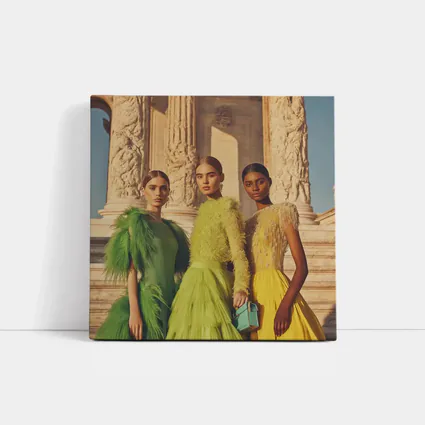 Fashion Models Green Yellow Dresses Ancient Columns