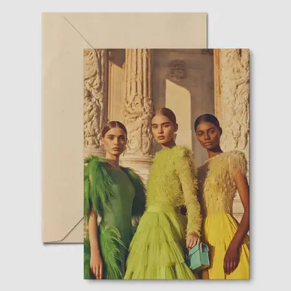 Fashion Models Green Yellow Dresses Ancient Columns
