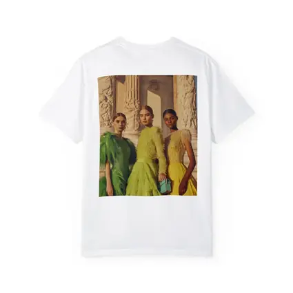 Fashion Models Green Yellow Dresses Ancient Columns