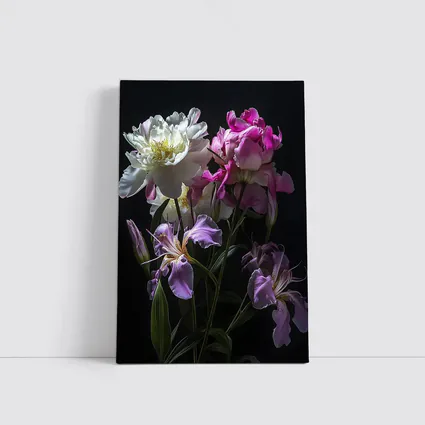Peonies and Iris Flowers Dark Background