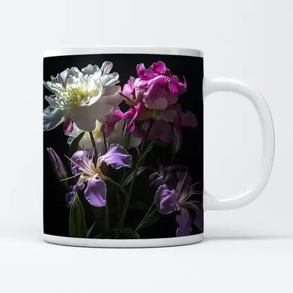 Peonies and Iris Flowers Dark Background