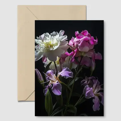 Peonies and Iris Flowers Dark Background