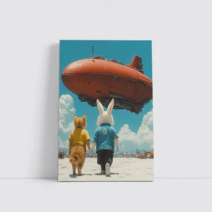 Cat Rabbit Duo Watching Red Airship Sky