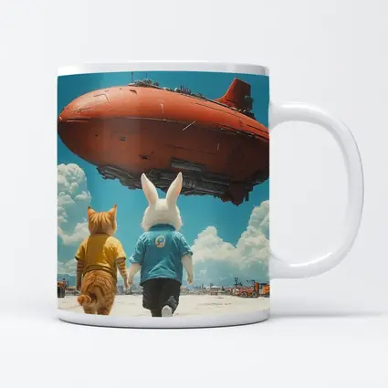 Cat Rabbit Duo Watching Red Airship Sky