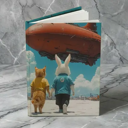 Cat Rabbit Duo Watching Red Airship Sky