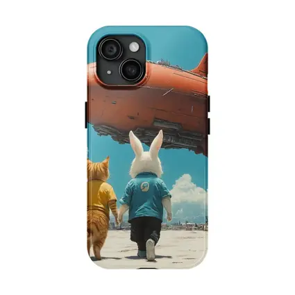 Cat Rabbit Duo Watching Red Airship Sky