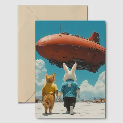 Cat Rabbit Duo Watching Red Airship Sky