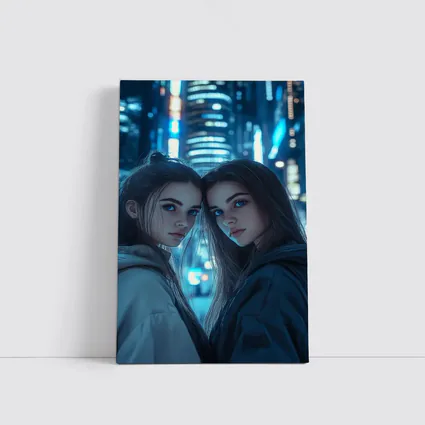 Two Girls Blue Neon City Night