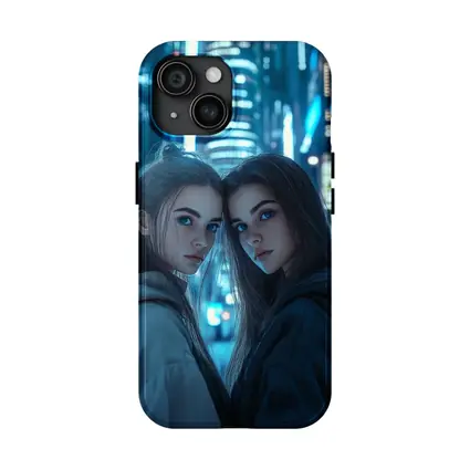 Two Girls Blue Neon City Night