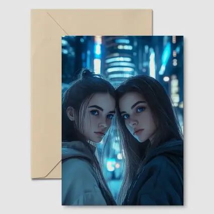 Two Girls Blue Neon City Night