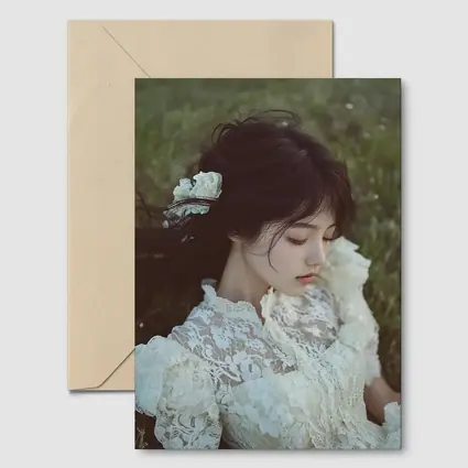 Young Woman Lace Dress Green Meadow