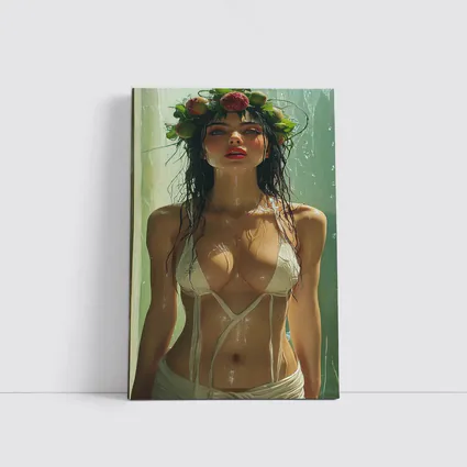 Woman Flower Crown Wet White Bikini Art