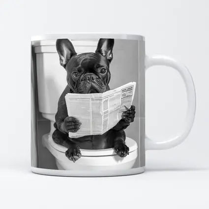 French Bulldog Reading Newspaper On Toilet
