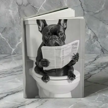 French Bulldog Reading Newspaper On Toilet