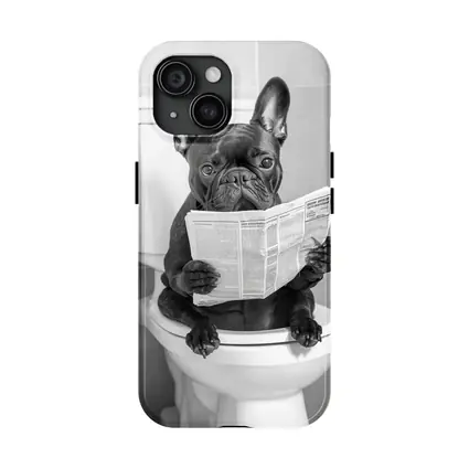 French Bulldog Reading Newspaper On Toilet