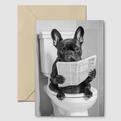 French Bulldog Reading Newspaper On Toilet