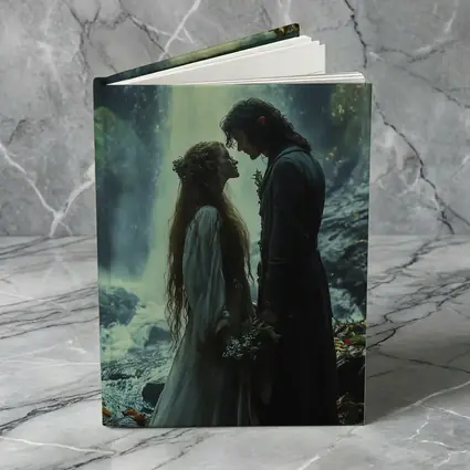 Fantasy Couple Embracing Near Misty Waterfall