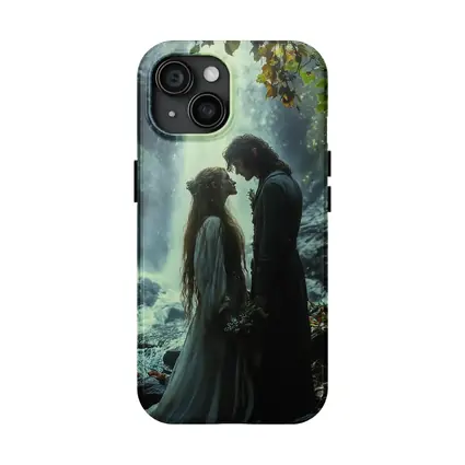 Fantasy Couple Embracing Near Misty Waterfall