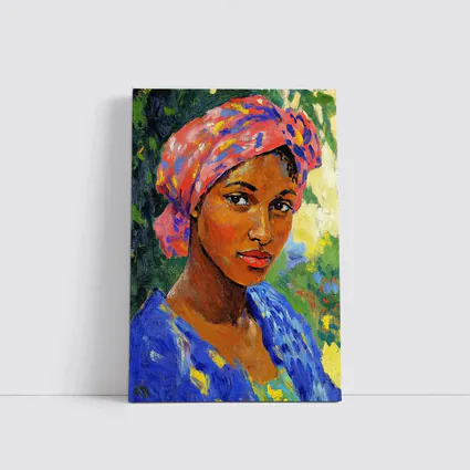 Impressionist Portrait Woman Colorful Head Wrap Garden